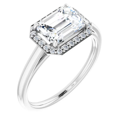 Emerald White Gold East West Halo Style Engagement Ring