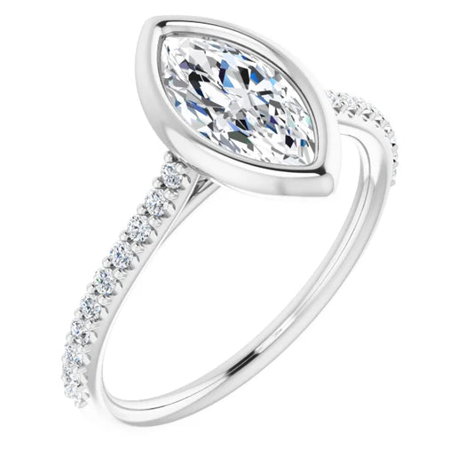Marquise White Gold Bezel Pave Lab Diamond Engagement Ring 