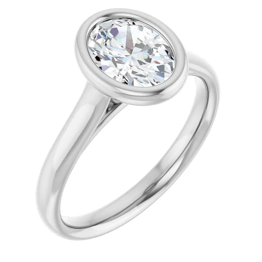 Oval White Gold Bezel Solitaire Lab Diamond Engagement Ring 