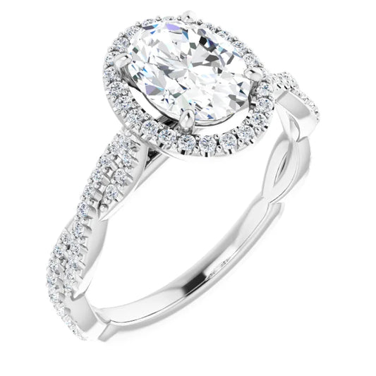 Oval White Gold Halo Twist Pave Moissanite Engagement Ring 