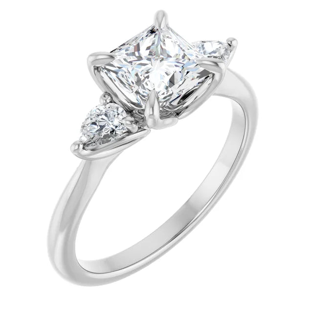 Princess White Gold Tri -Stone Style Pear Accent Engagement Ring