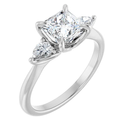 Princess White Gold Tri -Stone Style Pear Accent Engagement Ring