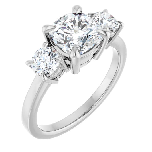 Cushion White Gold Tri Stone Lab Diamond Engagement Ring 