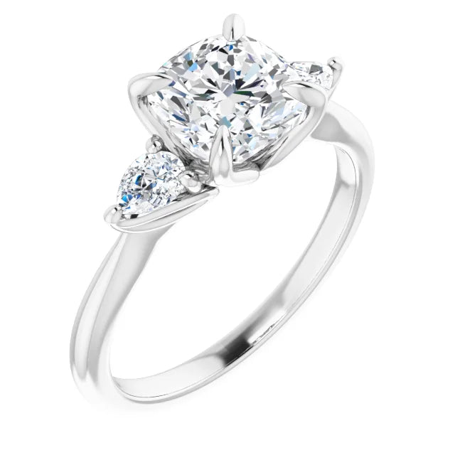 Cushion White Gold Tri -Stone Style Pear Accent Engagement Ring