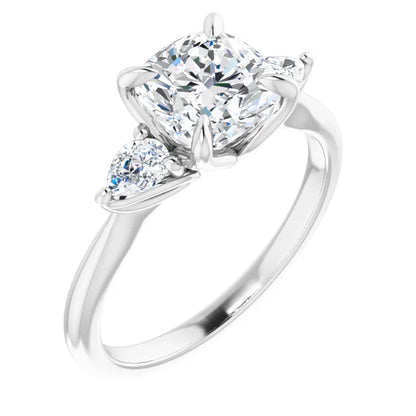 Cushion White Gold Tri -Stone Style Pear Accent Engagement Ring