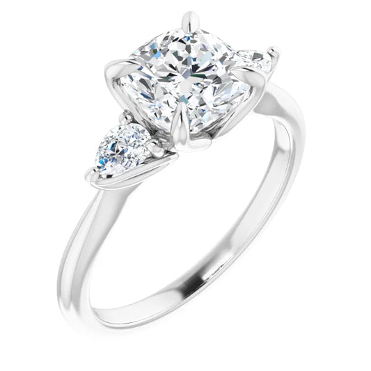 Cushion White Gold Tri -Stone Style Pear Accent Engagement Ring