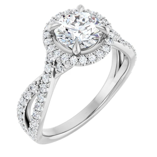 Round Brilliant White Gold Twist Band Halo Lab Diamond Engagement Ring  