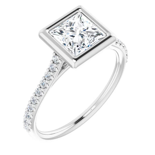 Princess White Gold Bezel Pave Lab Diamond Engagement Ring 
