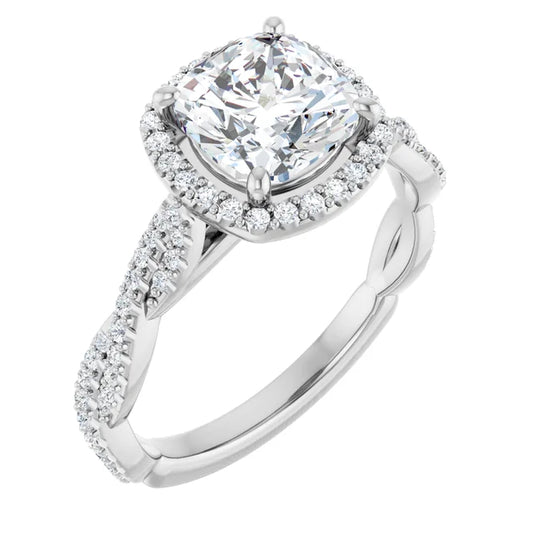 Cushion White Gold Halo Twist Pave Moissanite Engagement Ring 
