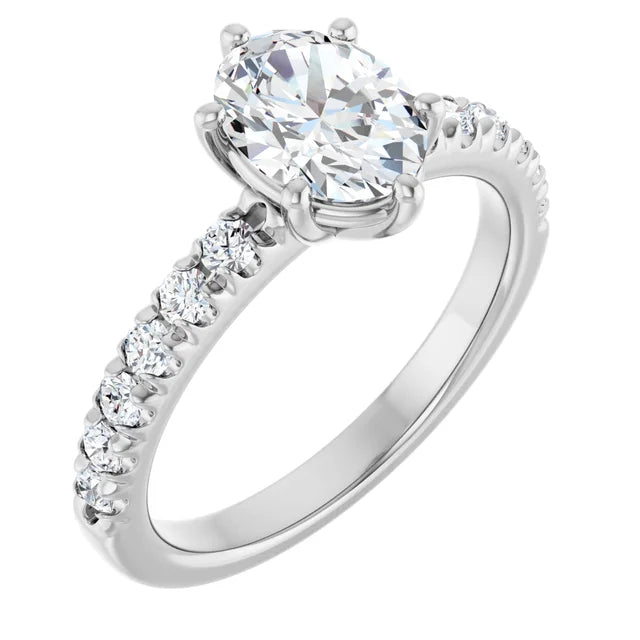 Oval Six Claw Pave White Gold Engagement Ring 