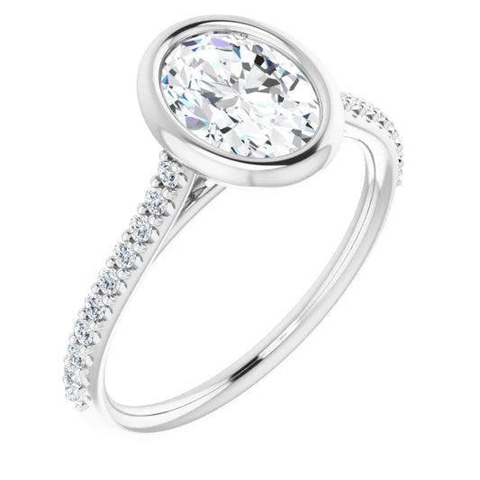 Oval White Gold Bezel Pave Lab Diamond Engagement Ring 