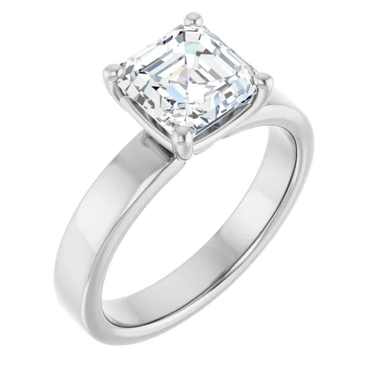 Asscher White Gold Wide Band Solitaire Engagement Ring