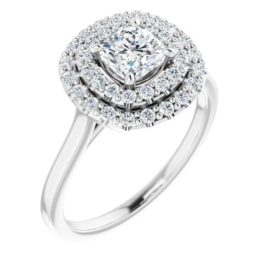 Cushion White Gold Double Halo Solitaire Lab Diamond Engagement Ring
