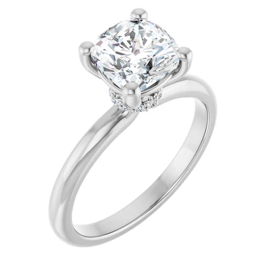 Cushion Cut White Gold Low Hidden Halo Solitaire Engagement Ring