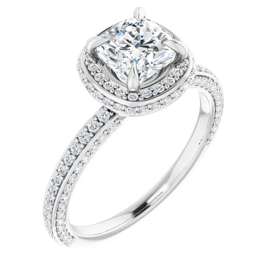 Cushion White Gold Halo Pave Style Lab Diamond Engagement Ring 