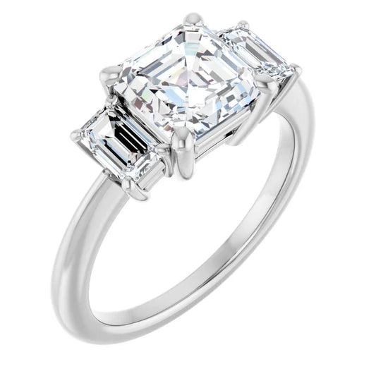 Asscher White Gold Tri Stone Lab Diamond Engagement Ring