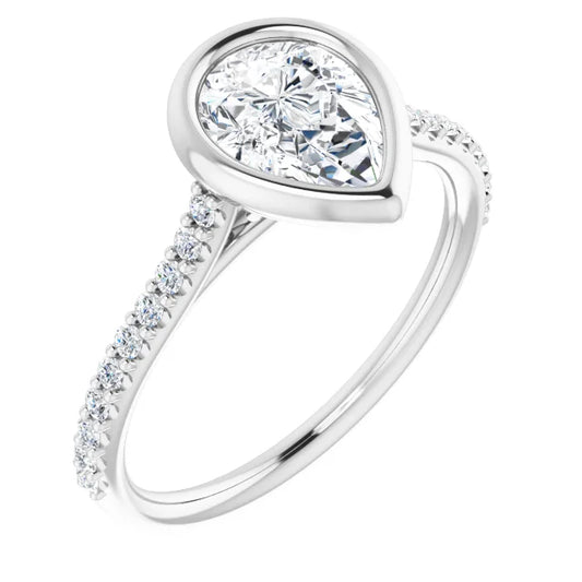 Pear White Gold Bezel Pave Lab Diamond Engagement Ring 