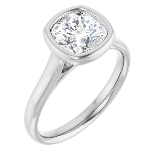 Cushion White Gold Bezel Solitaire Lab Diamond Engagement Ring 