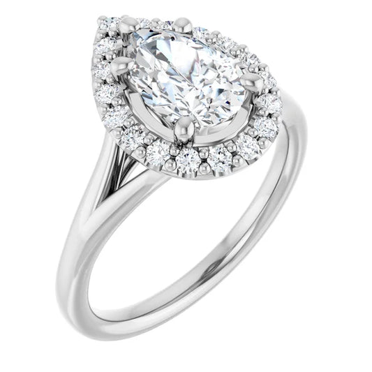 Pear White Gold Halo Solitaire Split Band Lab Diamond Engagement Ring 