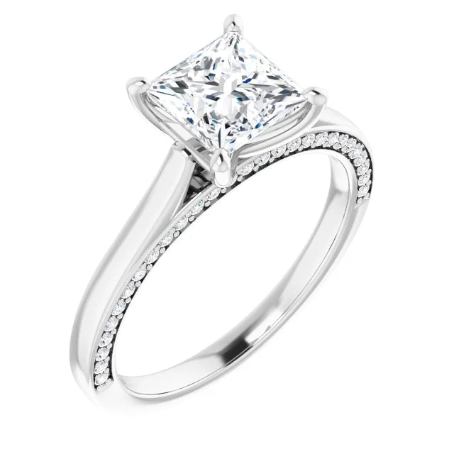 Princess White Gold Solitaire & Hidden Diamond Band Engagement Ring