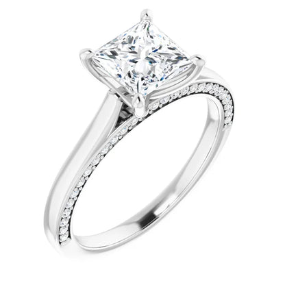 Princess White Gold Solitaire & Hidden Diamond Band Engagement Ring