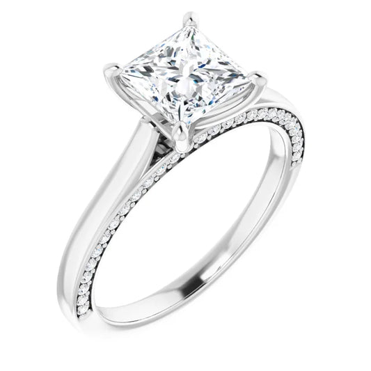 Princess White Gold Solitaire & Hidden Diamond Band Engagement Ring