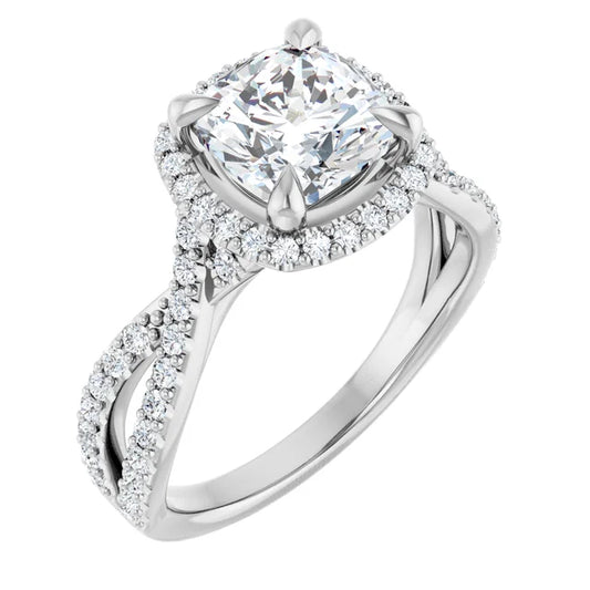 Cushion White Gold Twist Band Halo Lab Diamond Engagement Ring  