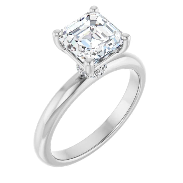 Asscher Cut White Gold Low Hidden Halo Solitaire Engagement Ring