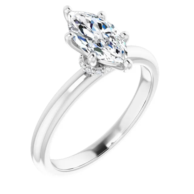 Marquise Cut White Gold Low Hidden Halo Solitaire Engagement Ring