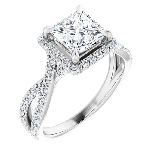 Princess White Gold Twist Band Halo Lab Diamond Engagement Ring  
