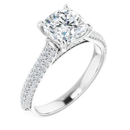 Cushion White Gold Pave Lab Diamond Engagement Ring 