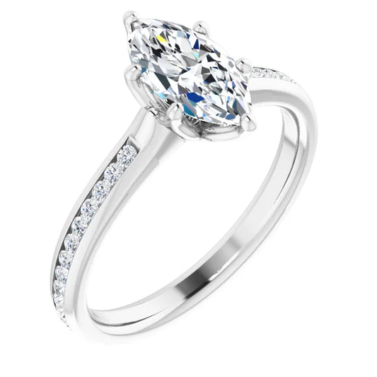 Marquise White Gold Six Claw Channel Set Lab Diamond Engagement Ring 