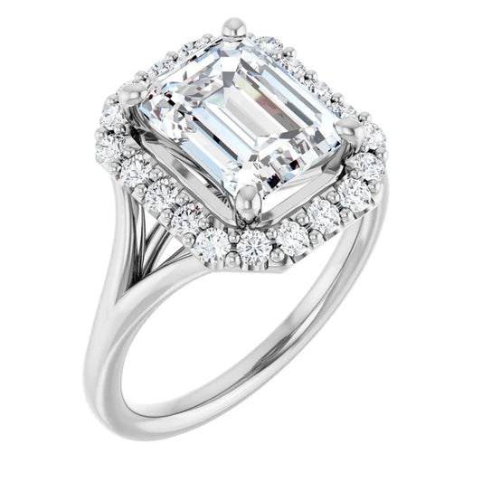 Emerald White Gold Halo Solitaire Split Band Lab Diamond Engagement Ring 