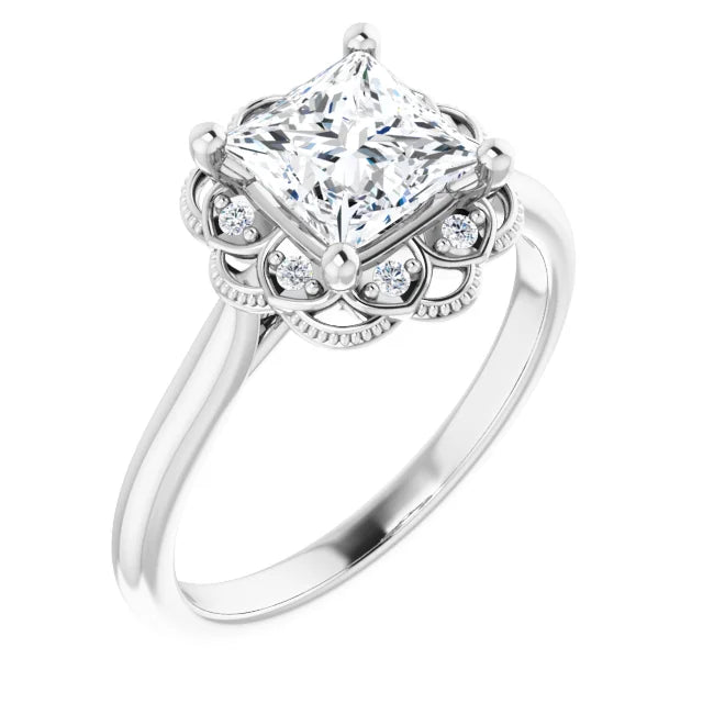 Princess White Gold Antique Inspired Design Engagement Ring
