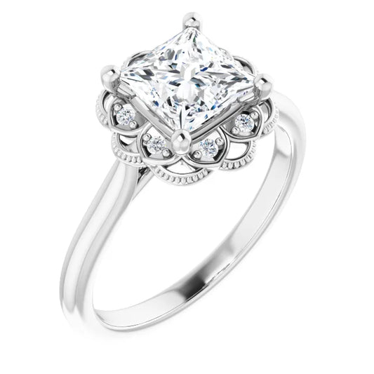 Princess White Gold Antique Inspired Design Engagement Ring