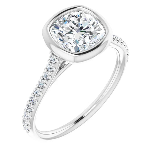 Cushion White Gold Bezel Pave Lab Diamond Engagement Ring 