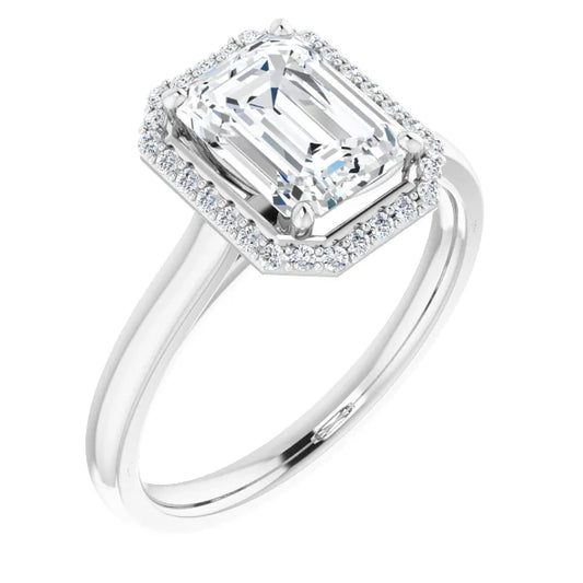 Emerald Halo Solitaire Lab Diamond Engagement Ring White Gold. 