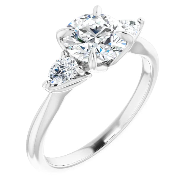 Round Brilliant White Gold Tri -Stone Style Pear Accent Engagement Ring