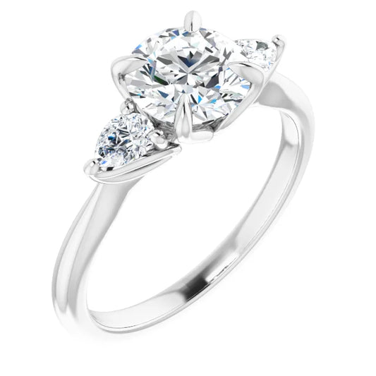 Round Brilliant White Gold Tri -Stone Style Pear Accent Engagement Ring