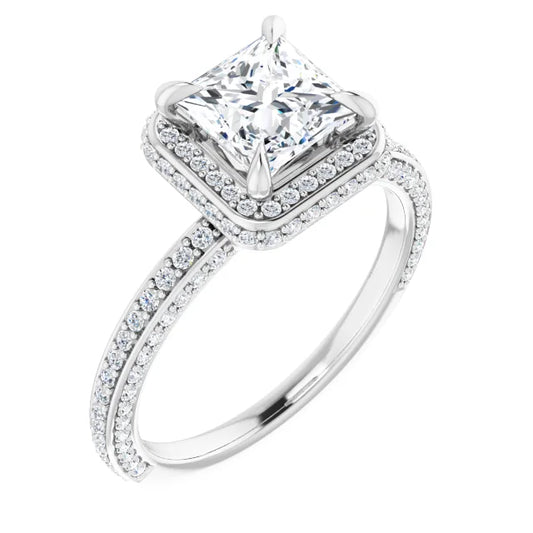 Princess White Gold Halo Pave Style Lab Diamond Engagement Ring 