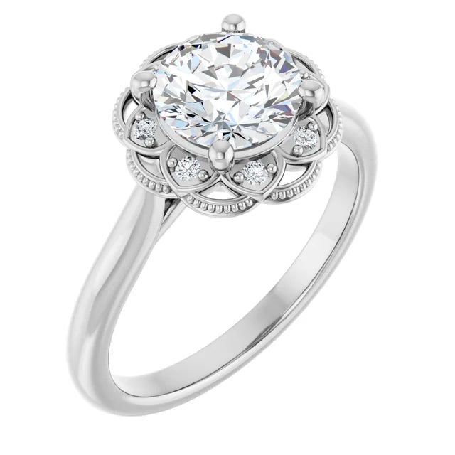 Round Brilliant White Gold Antique Inspired Design Engagement Ring