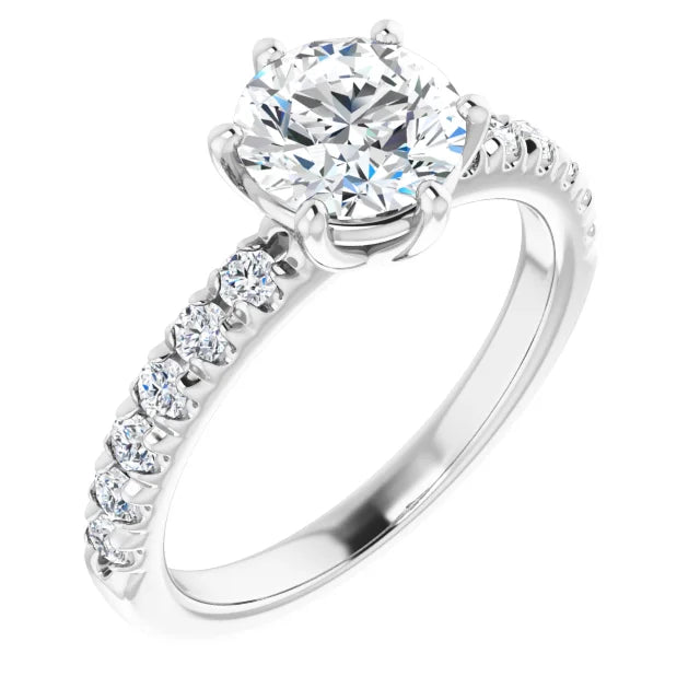 Round Brilliant Six Claw Pave White Gold Engagement Ring 