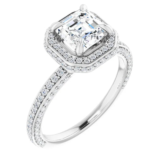 Asscher White Gold Halo Pave Style Lab Diamond Engagement Ring 