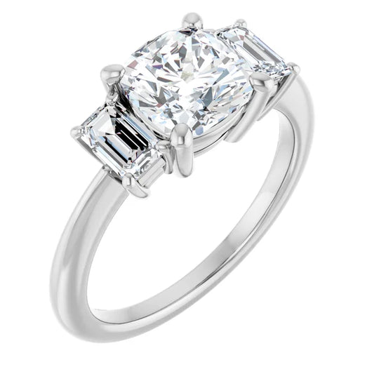 Cushion White Gold Tri Stone Lab Diamond Engagement Ring