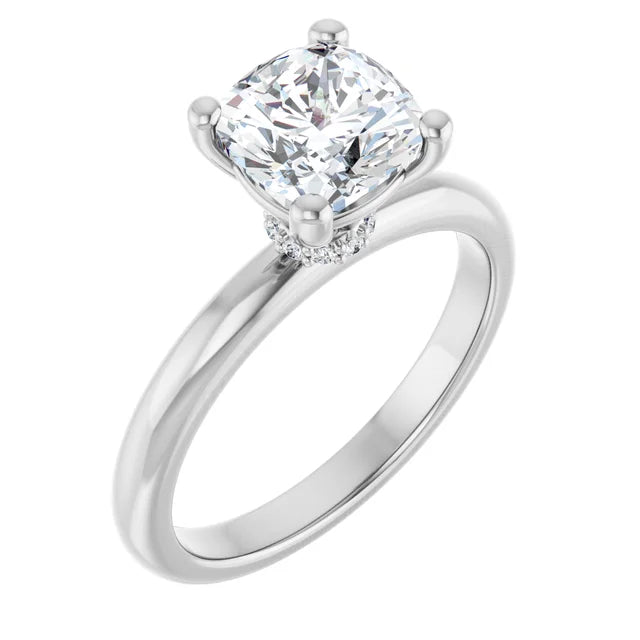Cushion Cut White Gold Low Hidden Halo Solitaire Engagement Ring