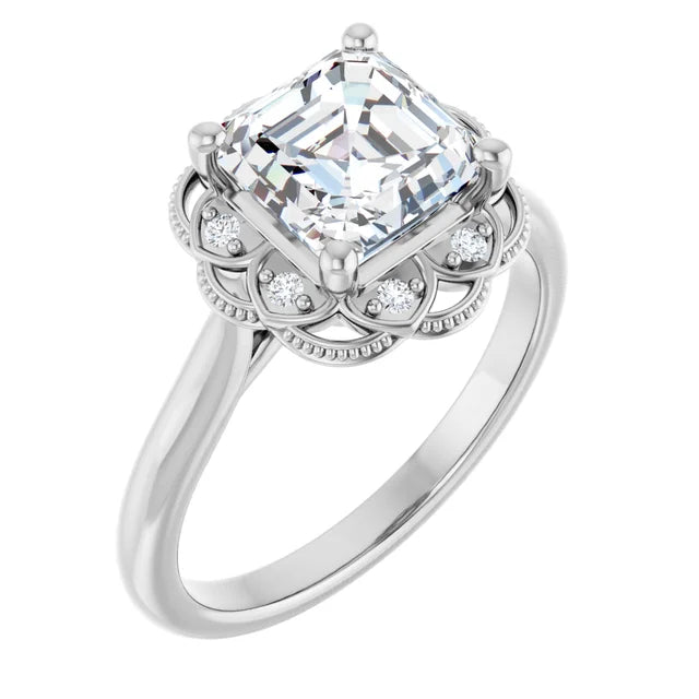 Asscher White Gold Antique Inspired Design Engagement Ring