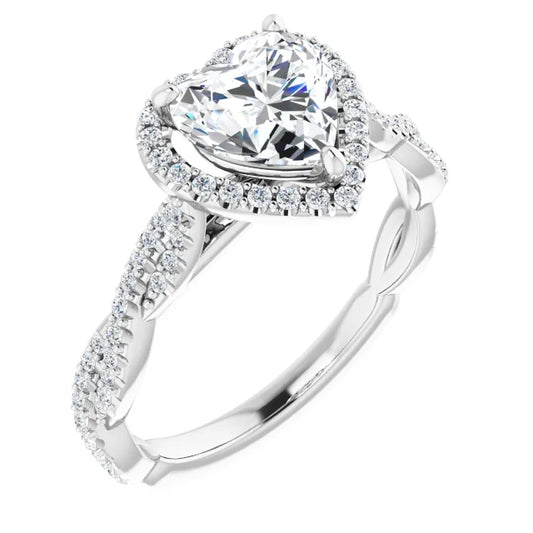 Heart White Gold Halo Twist Pave Moissanite Engagement Ring 