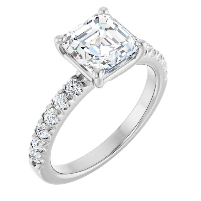 Asscher Four Claw Pave White Gold Engagement Ring 