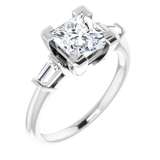 Princess White Gold Baguette Accent Lab Diamond Engagement Ring