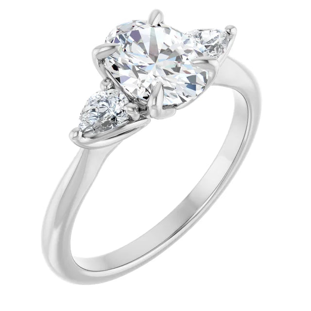 Oval White Gold Tri -Stone Style Pear Accent Engagement Ring